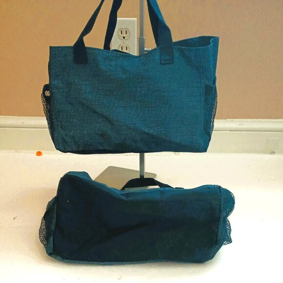 Thirty-One Canvas Lunch Tote Set of 2 Blue with Mesh Side Pockets - Picture 3 of 8